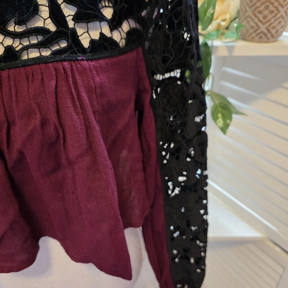 Free People Burgundy and Black Lace Blouse